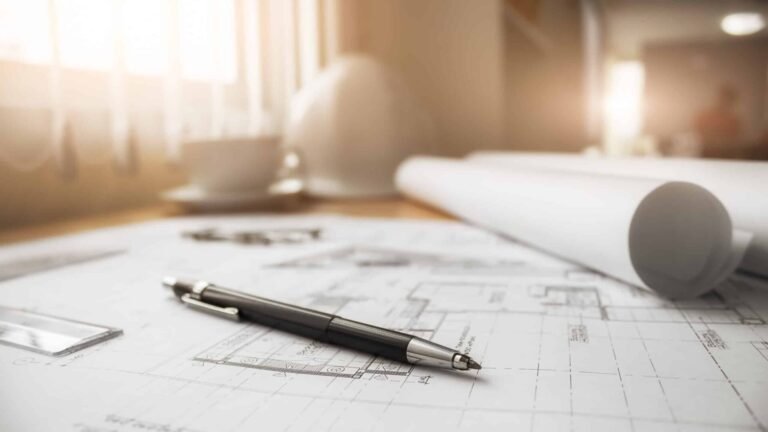 Image of engineering objects on workplace top view.Construction